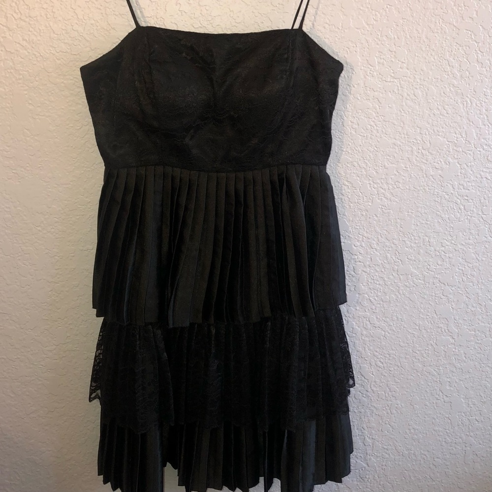 Vintage 80s 90s black tiered flirty prom evening dress spaghetti straps S EUC